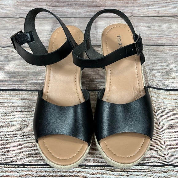 Torrid Raffia Black Faux Leather Open Toed Wrapped Wedge Sandal Size 8.5 - Picture 2 of 12